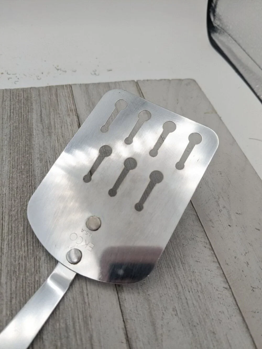 Vintage EKCO USA Short Chromium Plated Slotted Spatula Almond Handle 10 1/2